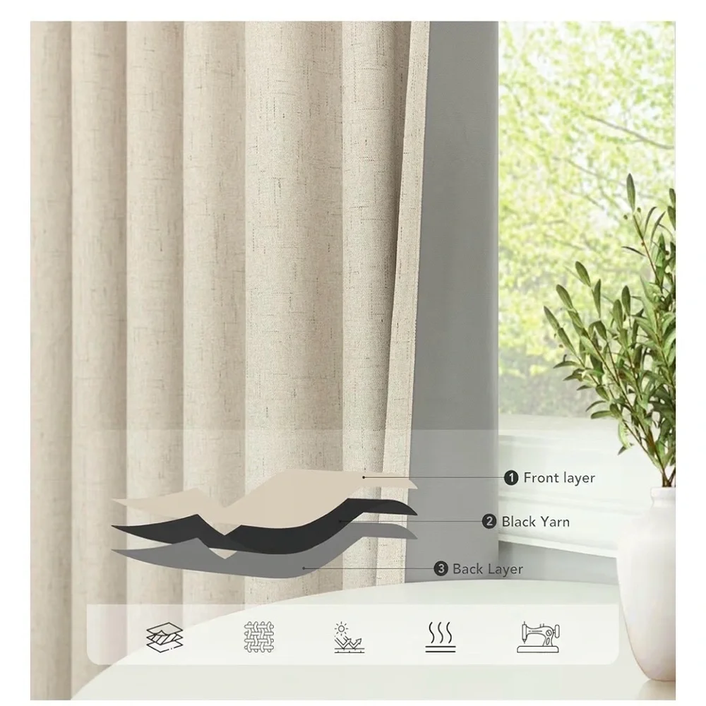 100% Blackout Neutral Curtains for Living Room 96 Inches Long 8 ft Faux Linen